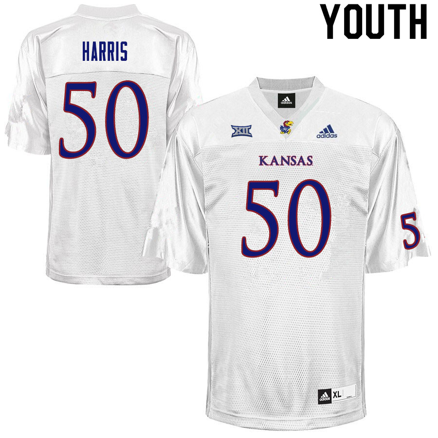 Youth #50 Marcus Harris Kansas Jayhawks College Football Jerseys Sale-White - Click Image to Close